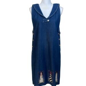 Haiks vintage blue denim dress, lighthouse, sailor, nautical, whimsical, seaside